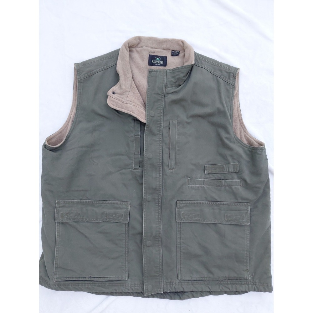Army Green Hunting Vest Mens 2XL Sherpa Lined Lots Of Pockets Redhead